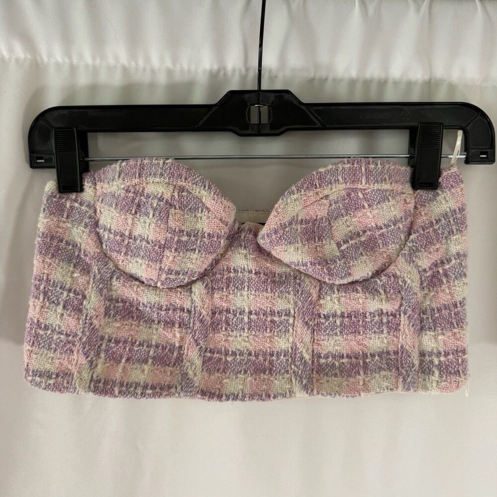 Zara Crop Top Women's XS Purple White Plaid Knit Wired Side Zip Pullover